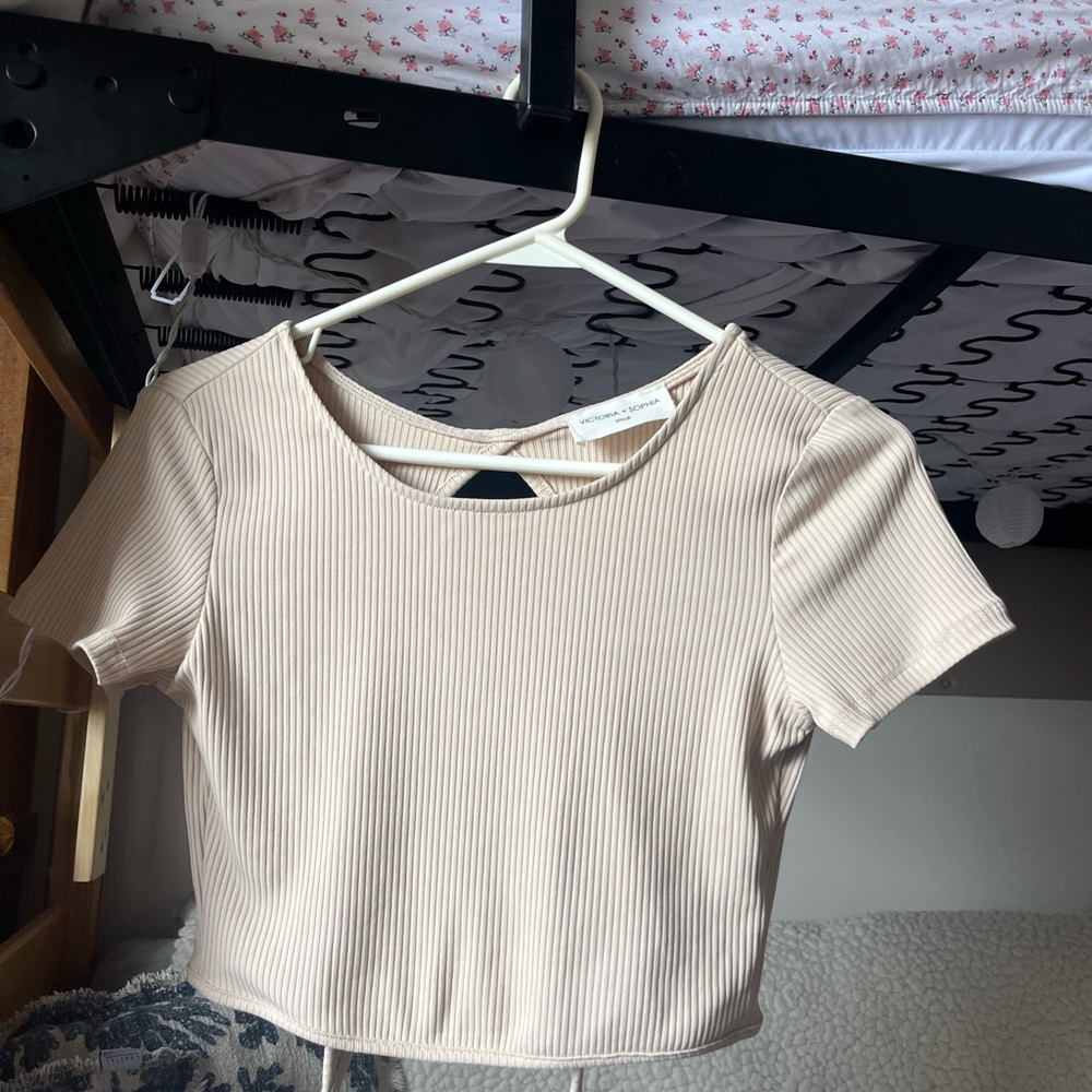 cream, open back tie croptop